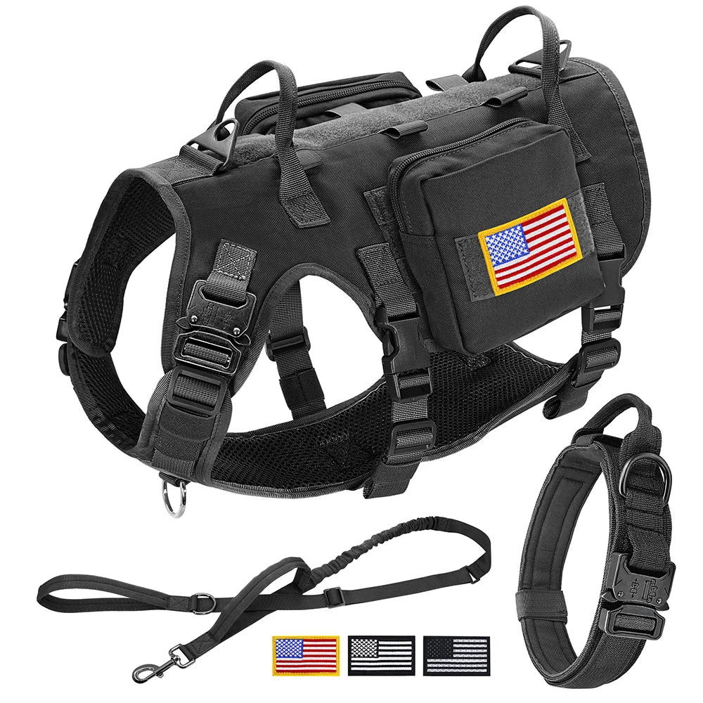 Tactical Dog Harness Collar Leash Set Military Training Pet Vest with Pouches Flags Durable Collars for Big Dogs German Shepherd
